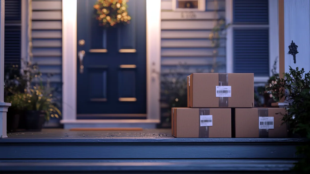 A cardboard delivery parcel sitting on a doorstep with a laptop nearby.