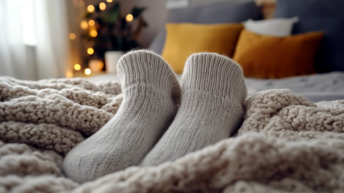 A pair of fluffy angora bed socks in cream, laid side by side on linen.