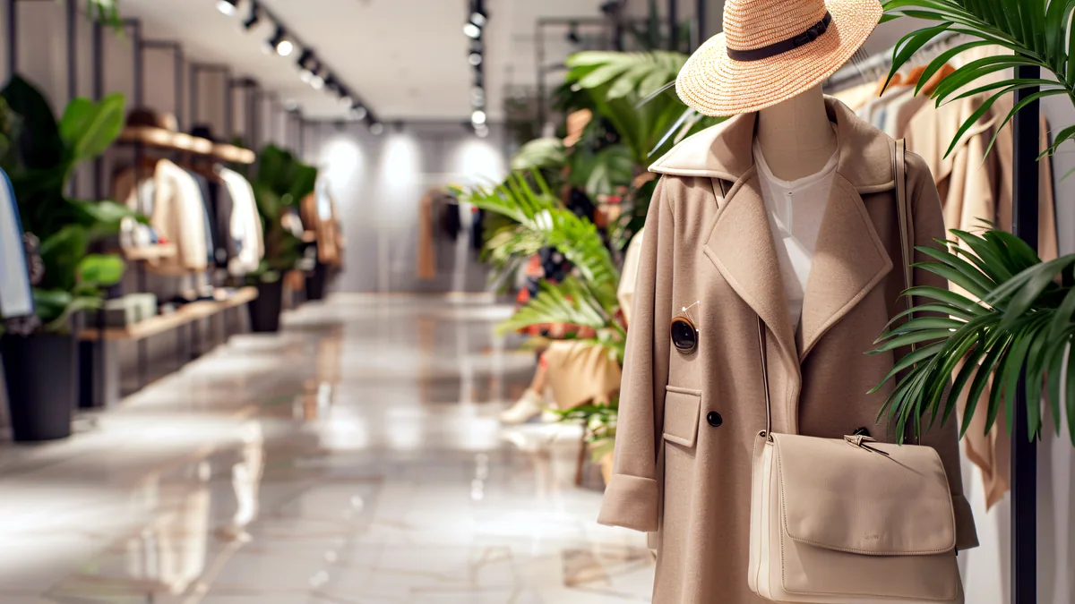 A clothing section in a store, with a mannequin wearing a warm top.