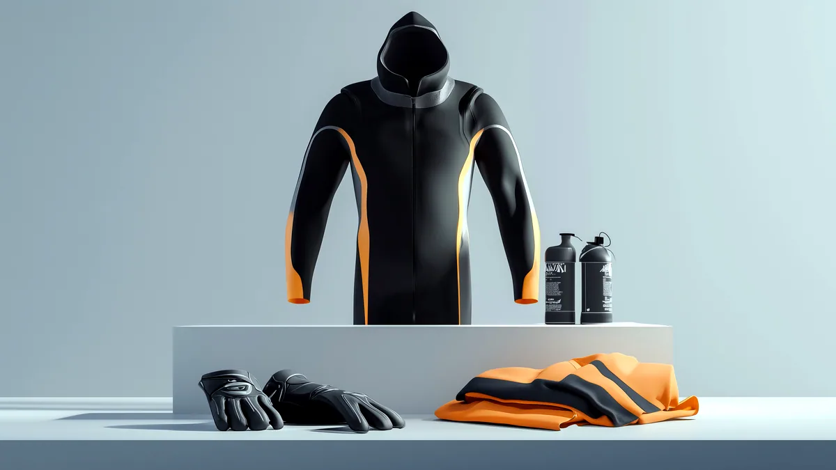 Winter sportswear hanging on a display rail in an outdoor clothing store.