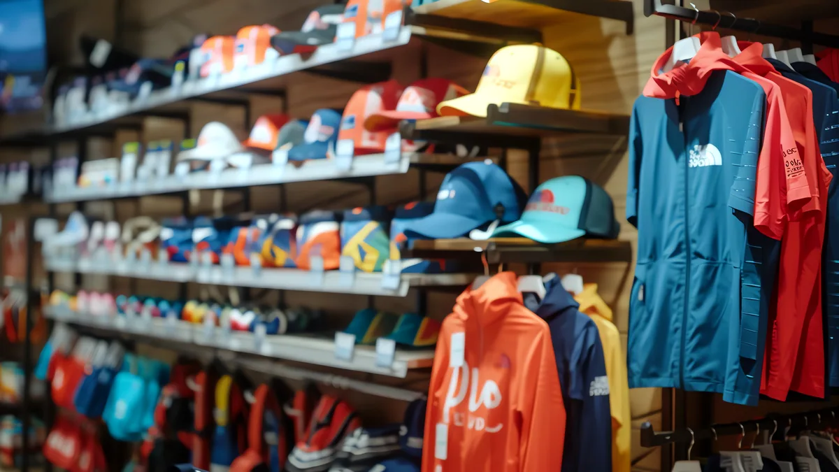 A rack of sportswear in an outdoor store, thermal layers hanging in a row.