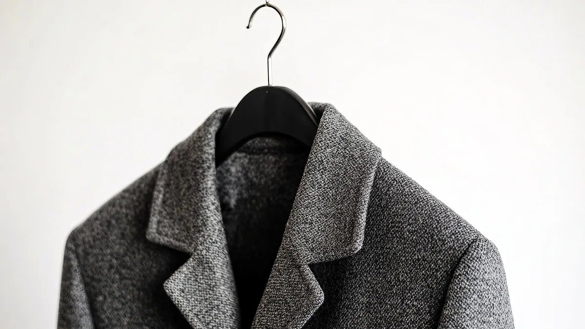A long mohair wool coat hanging by a window, its fibres catching the light.