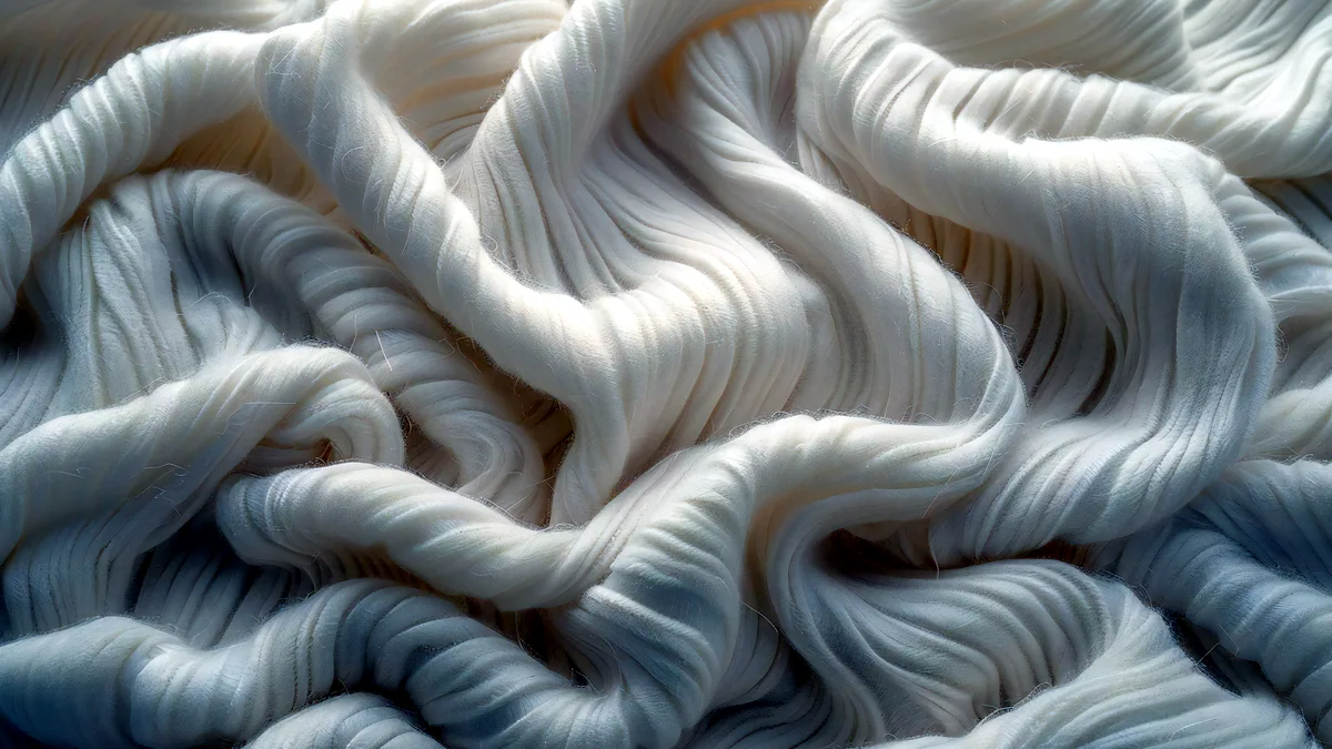 A skein of silk mohair yarn with a soft sheen, catching the light.