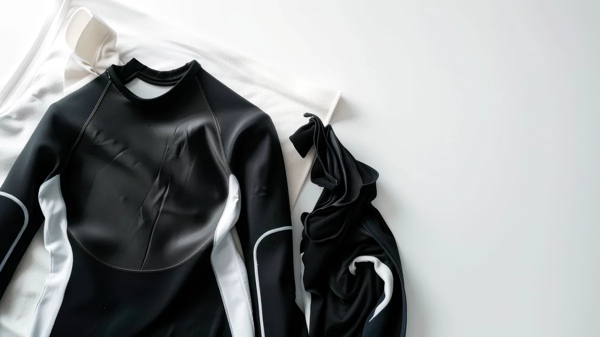 A neatly folded thermal base layer in dark navy, laid on a plain bench.